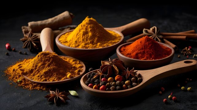 Colorful spices on black background.