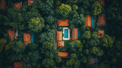 Aerial view of a sustainable green cityscape showcasing lush urban jungle areas parks and gardens interspersed among residential houses promoting eco friendly living and biodiversity minimalistic brig