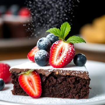 Una deliciosa rebanada de pastel de chocolate cubierta con bayas frescas y espolvoreada con az&uacute;car en polvo, mostrando indulgencia y la belleza de la presentaci&oacute;n del postre.