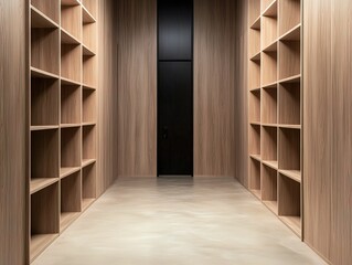 Fototapeta premium A minimalist hallway features wooden shelves on either side, leading to a sleek black door at the end.