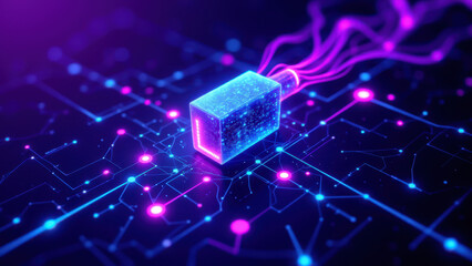Illustration of a cybernetic cube glowing with purple light and surrounded by digital circuits and dots on a dark background, symbolizing internet security.