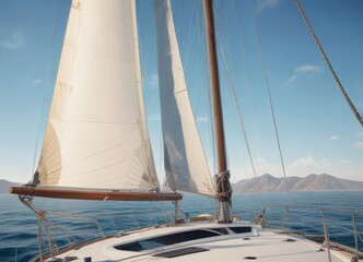 Fototapeta premium Sails are being hoisted on a yacht in preparation for a sea trip , ropes, sailcloth, wind