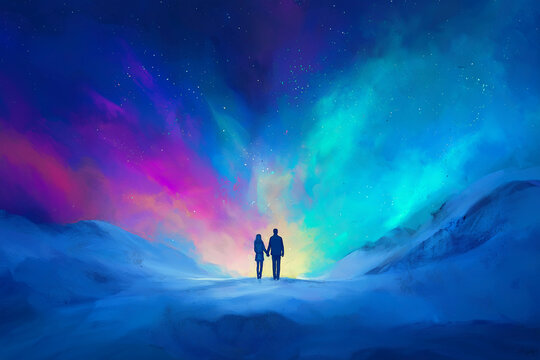 valentine&rsquo;s love in northern lights: couple holding hands under aurora borealis on snowy hill | romantic winter abstract painting style