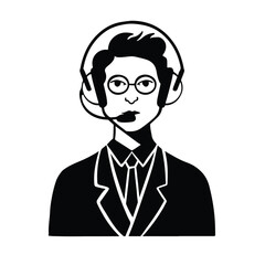Flat style avatar, woman dispatcher, receptionist administrator man in tie and glasses, black and white