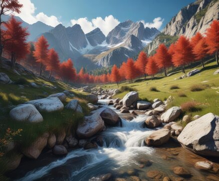 Scenic view of rushing creek in Vallon Popera with majestic Croda Rossa mountain backdrop, rushing, mountain, Croda Rossa, Vallon Popera, outdoor