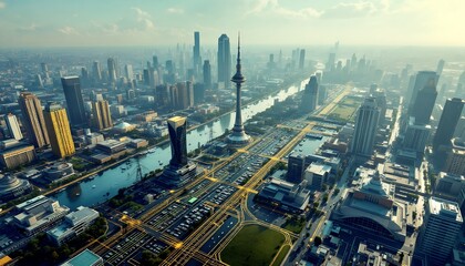 Fototapeta premium Sunrise Aerial View of Nanning City, Guangxi, China: A Modern Metropolis Skyline