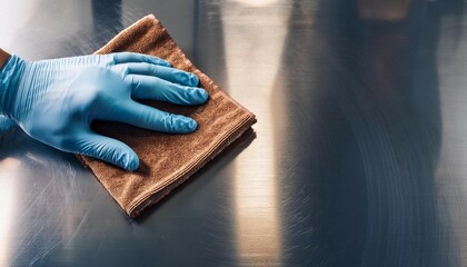 hand wiping steel counter in commercial kitchen restaurant cleaning concept