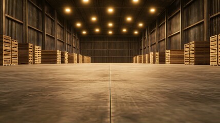 Fototapeta premium A spacious warehouse interior with wooden pallets neatly arranged along the walls, illuminated by warm overhead lights.