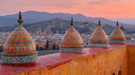 stunning view of intricate domes against sunset backdrop in Morocco