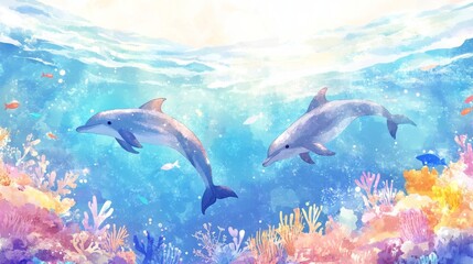 Naklejka premium Celebrate World Oceans Day with cheerful dolphins swimming among vibrant coral reefs and glowing ocean waves in a beautiful underwater paradise