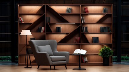 Cozy reading nook featuring a modern armchair and stylish bookshelf in a contemporary setting