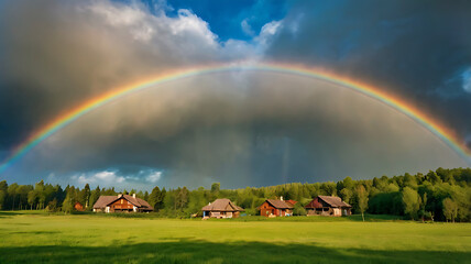 Landscape with green meadow, forest and colorful rainbow in  village