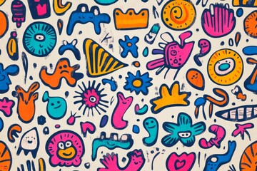 Seamless pattern featuring colorful, abstract microbes, radiating a sense of childlike imagination and playful energy