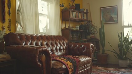 An orange and black retro-style print cushion on the couch