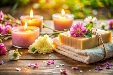 Luxurious Spa Setting: Handmade Soap, Towel, Flowers & Candle