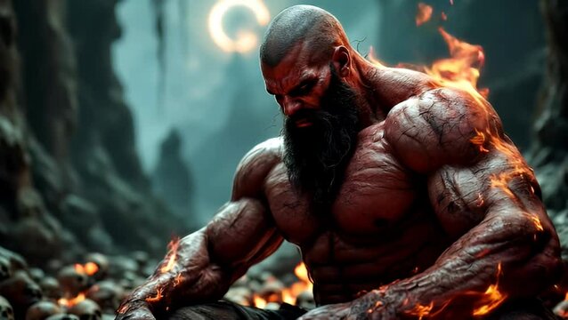 Fiery Barbarian Warrior Amidst Burning Skulls