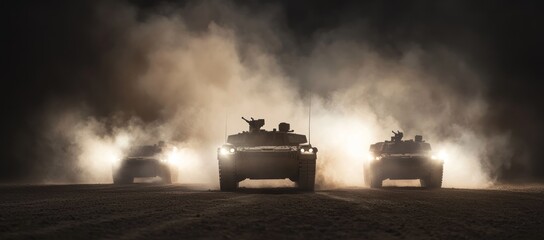 Fototapeta premium Nighttime Military Convoy: Armored Vehicles in Action