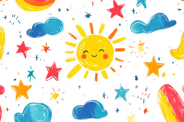 Seamless pattern featuring a smiling sun, colorful stars, and clouds, creating a cheerful and vibrant design