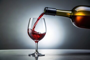 Slow pouring of wine into a clear glass bottle with a wide mouth and a rounded body shape, beverage, liquid flow