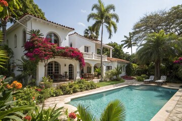 Fototapeta premium Luxurious White Hacienda Home, Tropical Poolside Paradise