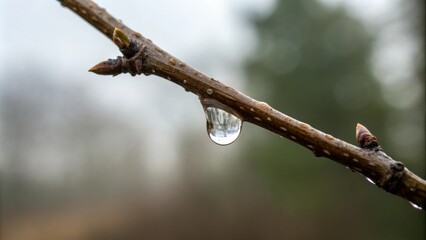 Small droplet of dew suspended from twig end, plant life, leafy branches