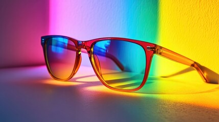 Sunglasses composition in many bright colors in transparent plastic. Top view with shadow. Trendy glasses isolated on background. Glasses with polarized lenses. Fashionable eyewear for women. High