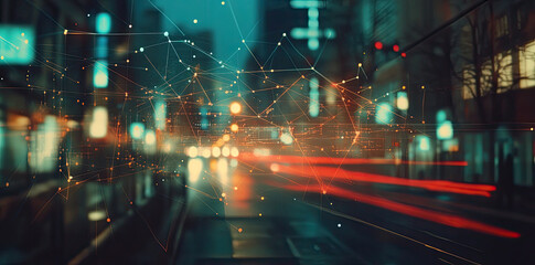 Futuristic Digital Data Cityscape with Neon Lights - Cyber Technology Concept