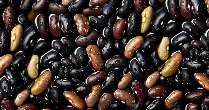 black beans various sizes colors artistic pattern dark background water droplets texture depth