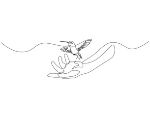 Continuous one line drawing of hummingbirds perch on palm. One line drawing illustration of hummingbird fly in palm. Beautiful, bonding concept single line. Editable outline