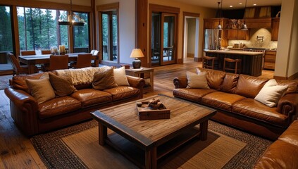 Fototapeta premium Rustic Living Room Elegance: Leather Couches and Wooden Accents