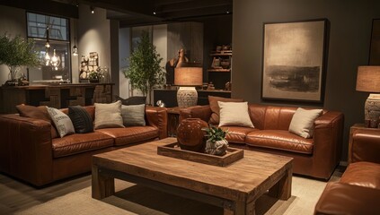Rustic Living Room Interior Design with Leather Sofas and Wooden Coffee Table