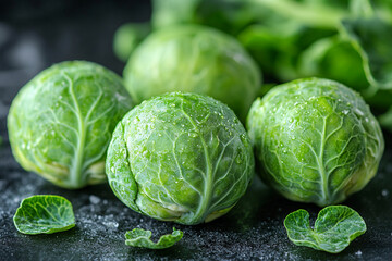 Fototapeta premium Fresh Brussels Sprouts Arranged On Dark Surface