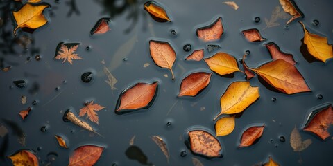 Softly fallen leaves gently rest upon a pond surface with water drops reflecting the changing autumn colors softly, foliage, outdoors