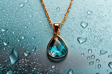 Gold Chain Necklace with Blue Gemstone Pendant on Wet Surface