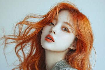 Fototapeta premium Young woman with orange and pink dyed hair and red lipstick posing for fashion and beauty
