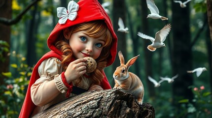 Little Red Riding Hood Plays with a Bunny in the Enchanted Forest &ndash; A Whimsical Fairy Tale Moment