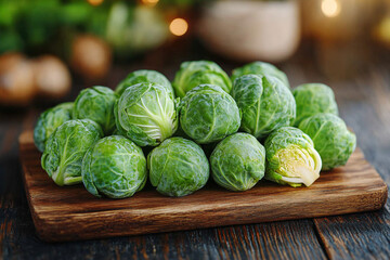 Fresh green brussels sprouts on a wooden board