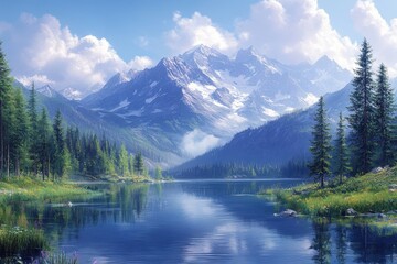 Majestic mountain landscape with serene lake and lush greenery in bright daylight