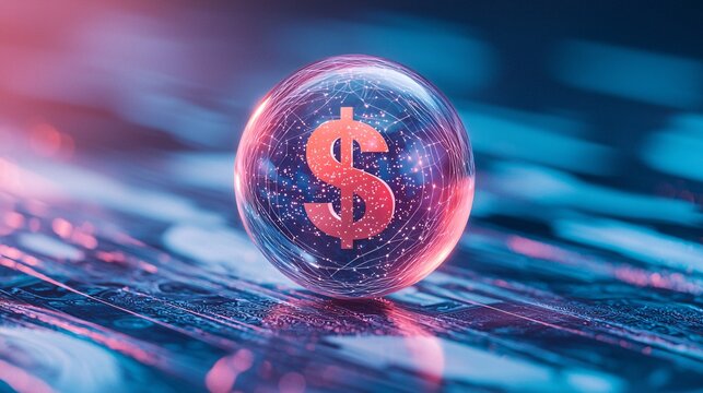 Futuristic Digital Dollar Symbol Within Glass Sphere on Technology Surface