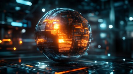 Futuristic glowing sphere with circuit technology design