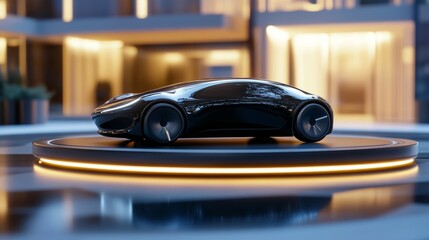 Fototapeta premium A black car is on a round platform. The car is shiny and has a modern design. The platform is surrounded by a yellow border