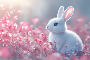 Fototapeta premium White Bunny Amidst Pink Blossoms In Springtime