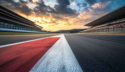 Obraz premium Sunset at the Racetrack: A Breathtaking View of a Modern Formula 1 Circuit