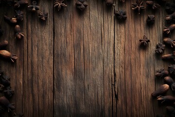 Close-up image of cloves with prominent dark brown texture details, surrounded by a rustic wooden background, creating a warm and natural atmosphere