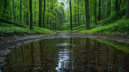 Obraz premium serene forest scene with calm pool reflecting trees and ripples