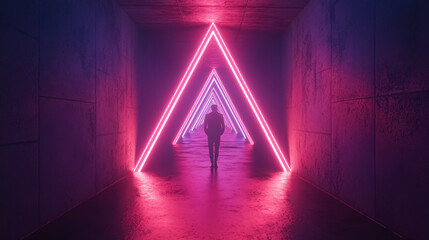 3D render of a geometric figure with neon light in a dark tunnel.