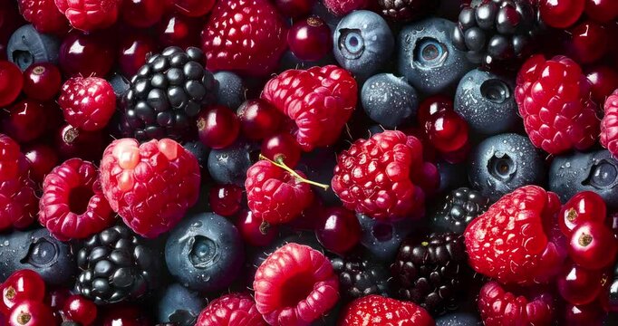 vibrant mix of raspberries blueberries intricate pattern vivid reds deep blues commercial