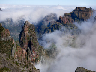 Madeira mountains with fog at sunrise