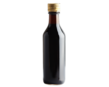 bottle of dark liquid with gold cap, isolated on transparency background, perfect for culinary use or food photography