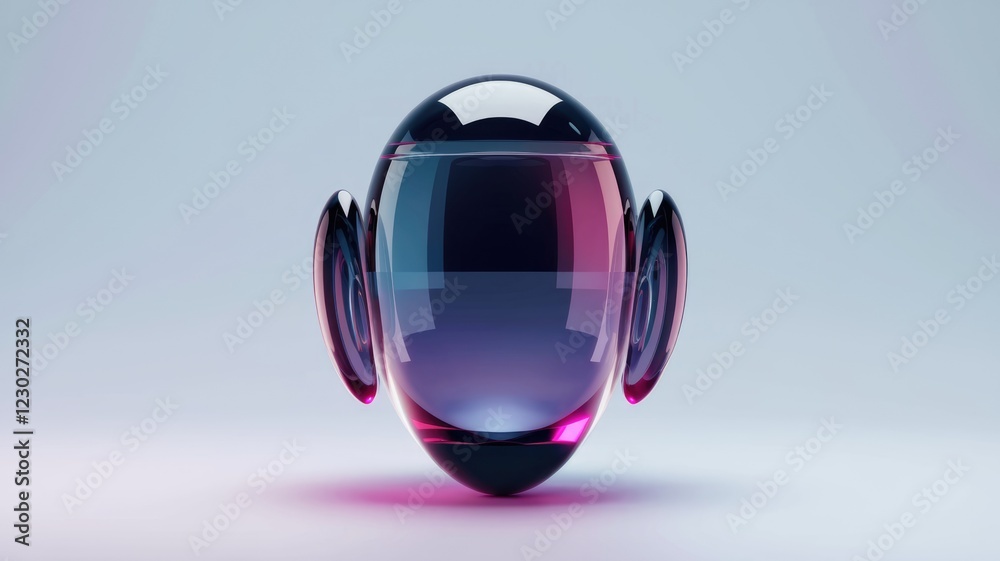 Poster abstract 3d rendering of a sleek, glass-like robot head with purple accents.